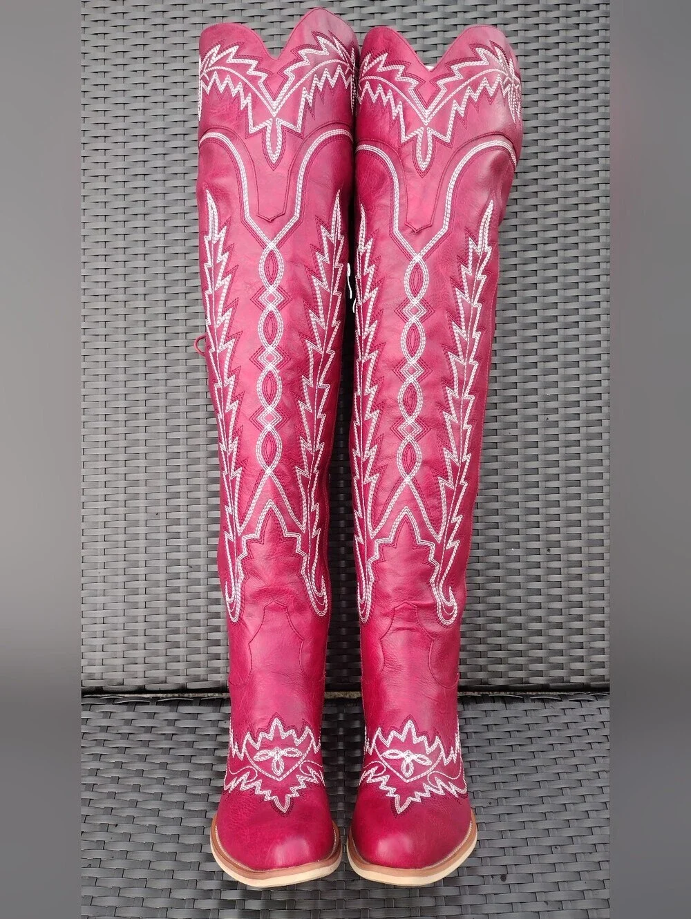 Red Over-the-Knee Western Cowboy Boots Lace-Up Snip Toe 7.5